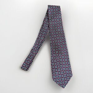 Guccini Mens Silk Italian Neck Tie Red Navy Tan Geometric Pattern Corp Preppy